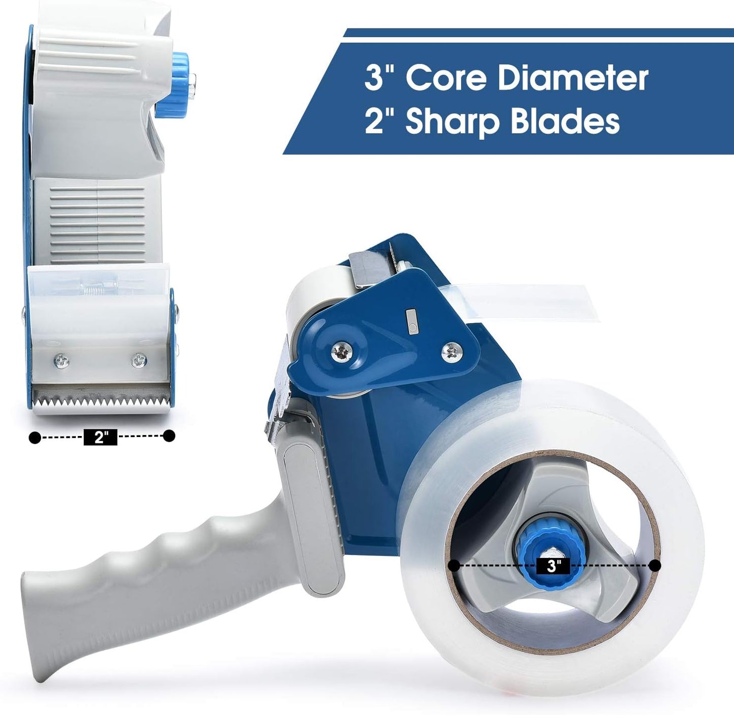 Packing Tape Dispenser Gun (2 Packs) Pacific Mailer 2 Inch Tape Gun Dispenser with 2 Inch Carton Packing Tape, Lightweight Industrial Side Loading Tape Dispenser - Blue