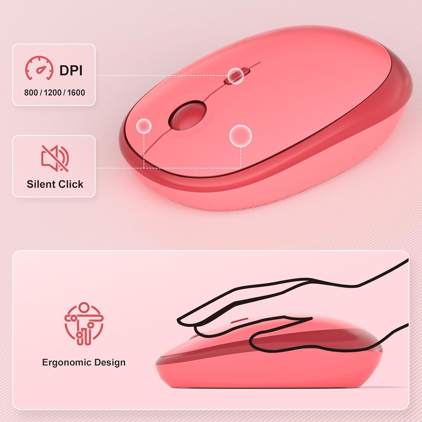 Wireless Keyboard and Mouse Combo, MOWUX Full Size Typewriter Retro Round Computer Keyboard, Cute Optical Mouse Wireless, Plug and Play, for Laptop, PC, Computer- Valentine's Rose