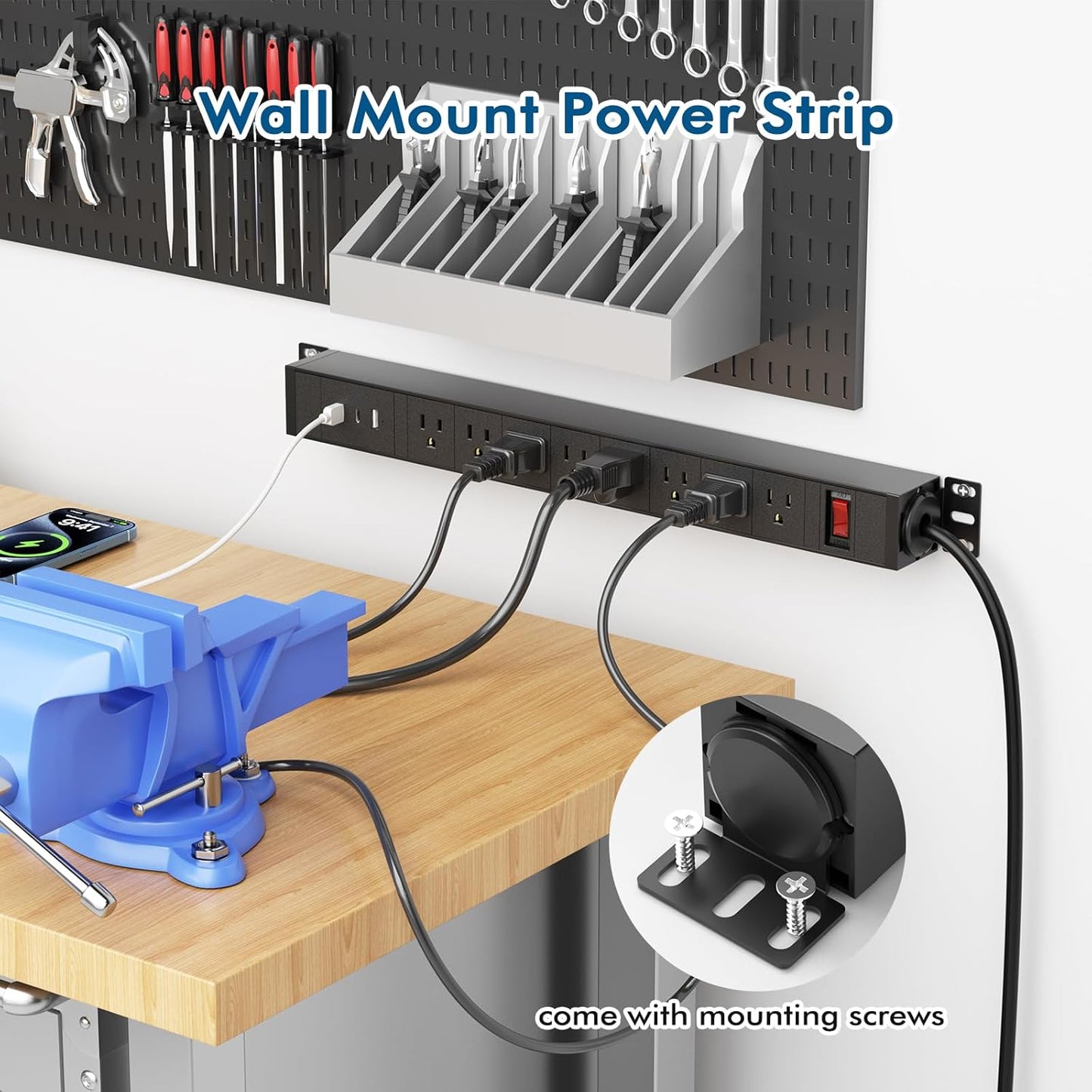 8 Outlet Metal Wall Mount Power Strip,360° Rotatable Mounting,PD 20W USB C Fast Charging,Surge Protector Powerstrip with 6FT Cords,15A 1875W, for Home Office Industrial Garage Commercial