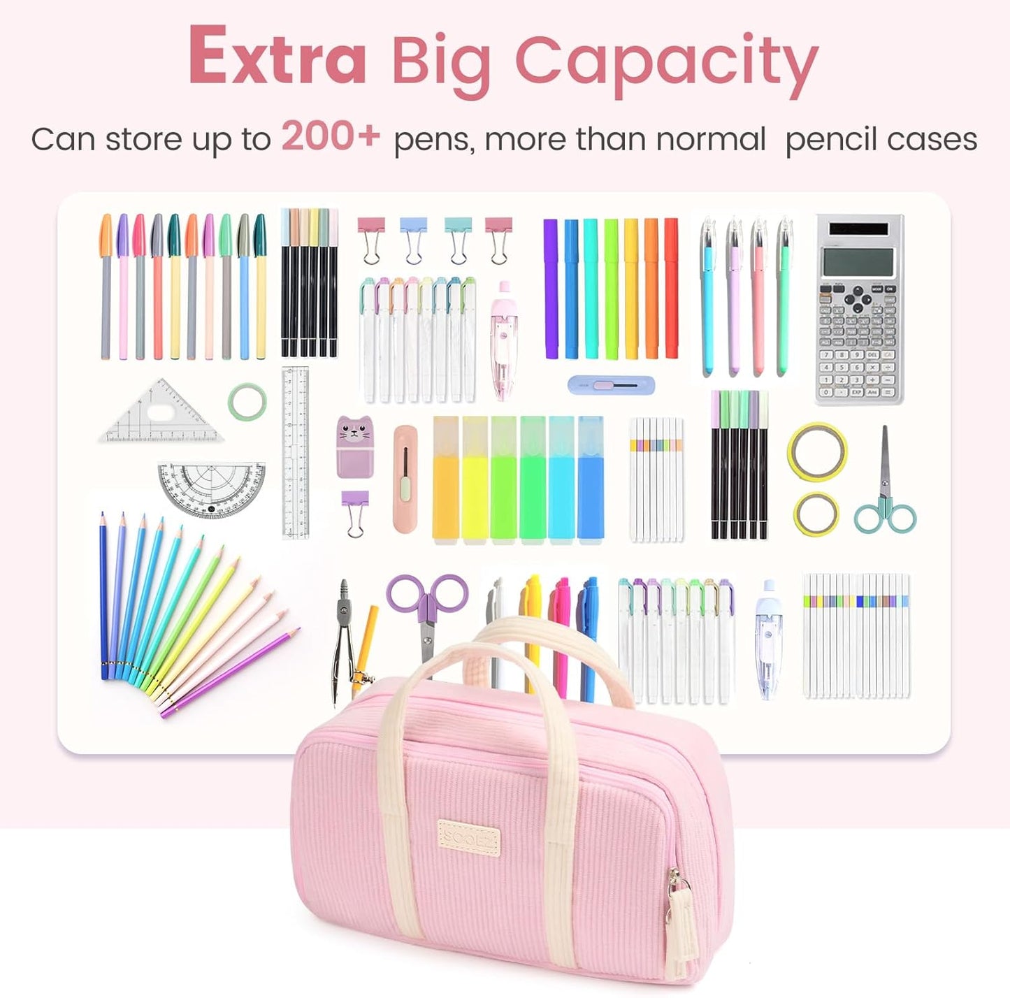 Sooez Large Pencil Case Pouch, Extra Big Pencil Bag with 5 Compartments, Pen Case Wide Opening, Soft Corduroy Pen Bag Organizer with Zipper, Cute Aesthetic School Supplies for Teen Girls, Black