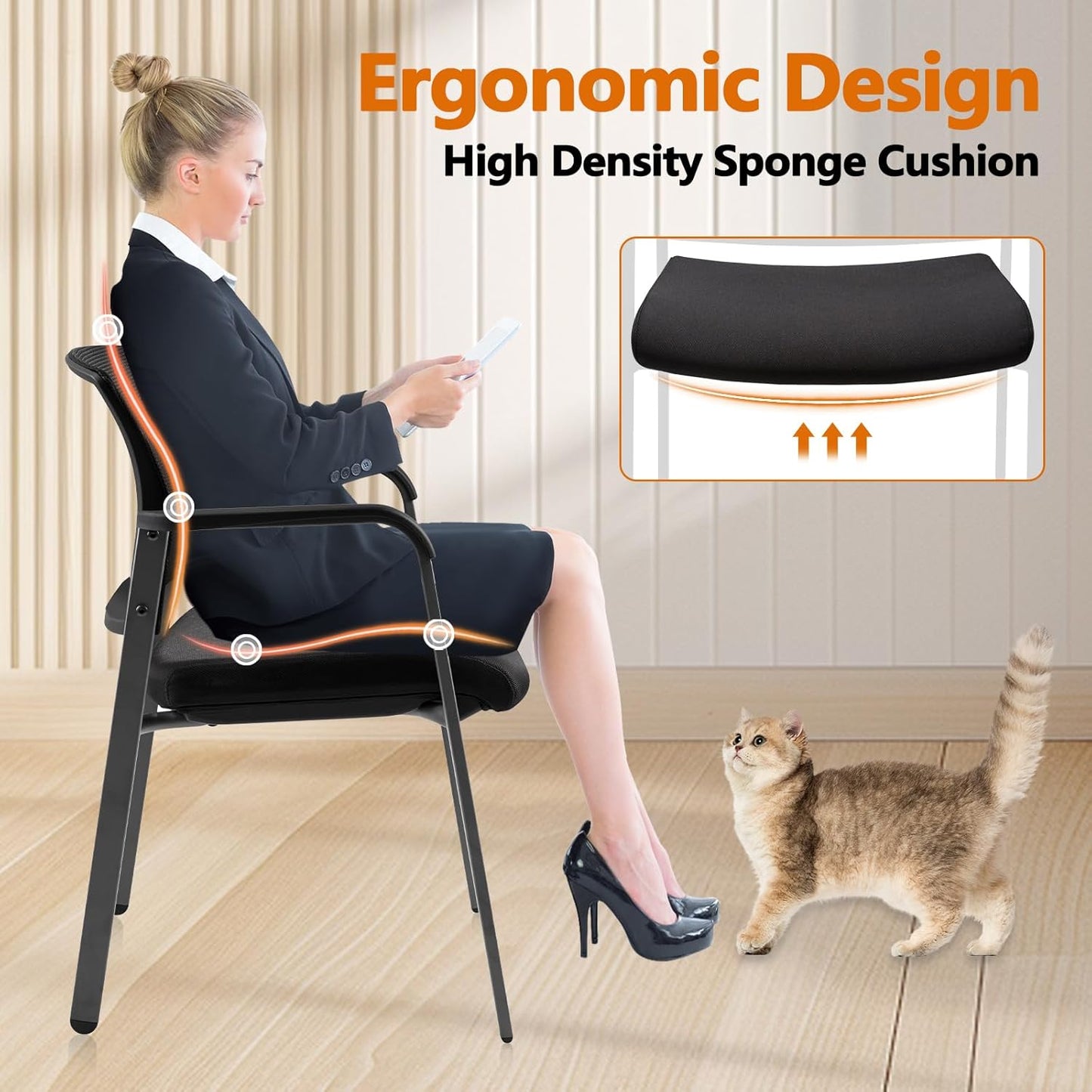 CLATINA Mesh Back Stacking Arm Chairs with Upholstered Fabric Seat and Ergonomic Lumber Support for Office School Church Guest Reception Black 4 Pack Set New Version