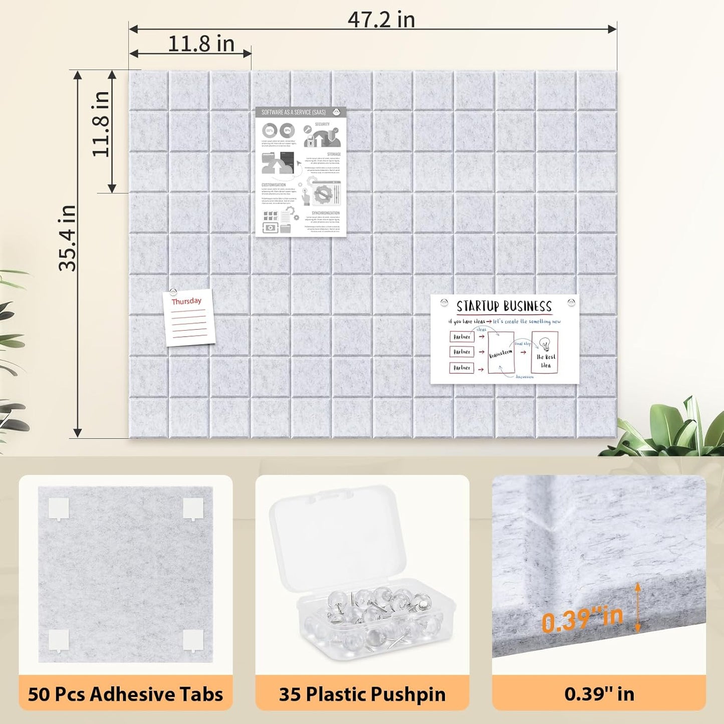 Smarpau Large Cork Boards Bulletin Board 48"x36", 12 Pack Felt Corkboards Pin Board with 50 Removable Adhesive Tabs 35 Pushpins, Cork Wall Tiles for Home School Decor