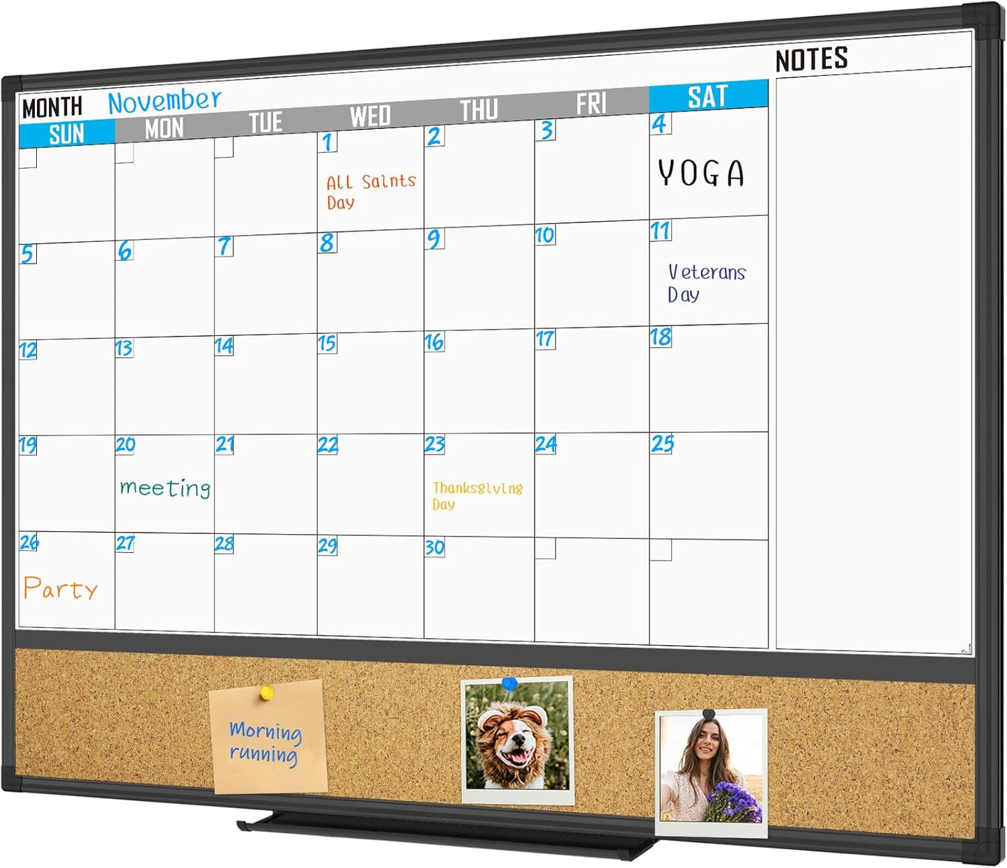 XBoard Dry Erase Calendar Whiteboard 48 X 36 - Combo White Board Calendar Monthly, Magnetic White Board + Corkboard with Black Aluminum Frame, Colorful Push Pins & Marker Tray Included