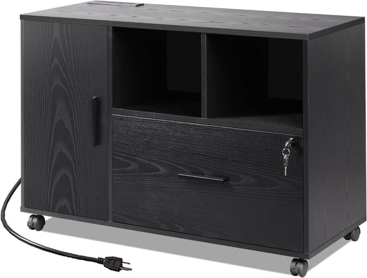 DEVAISE File Cabinet with Charging Station, 1-Drawer Lateral File Cabinets with Lock for Home Office, Wooden Rolling Printer Stand with Shelves, Black