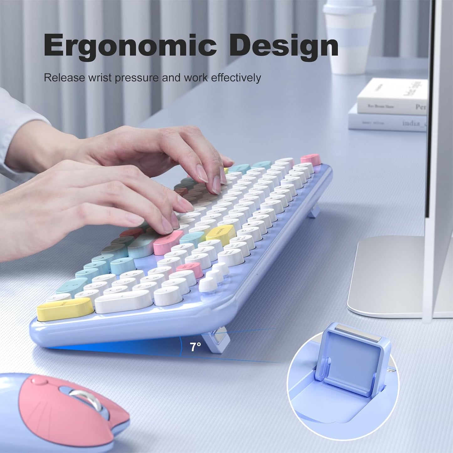 MOFII Wireless Keyboard and Mouse Combo - 2.4GHz Full-Size Retro Typewriter Keyboard with Round Keys, 3 Level Adjustable Optical Mouse, Plug & Play - Compatible with PC/Laptop/Desktop - Light Blue Mix