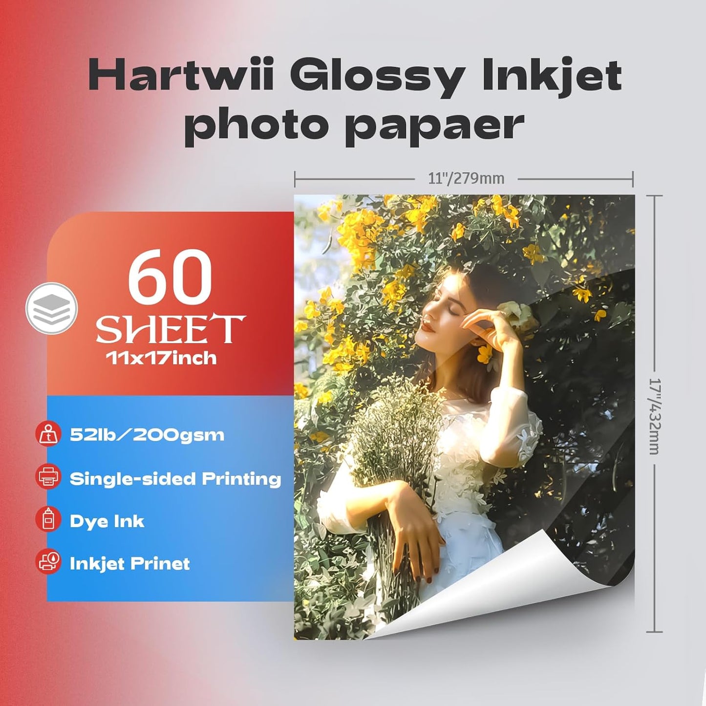 60 Sheets Inkjet Glossy Photo Paper 11 x 17 inch 52lb 200gsm A3 Size for Decoration, Poster Arts for Dye Ink Printers Only