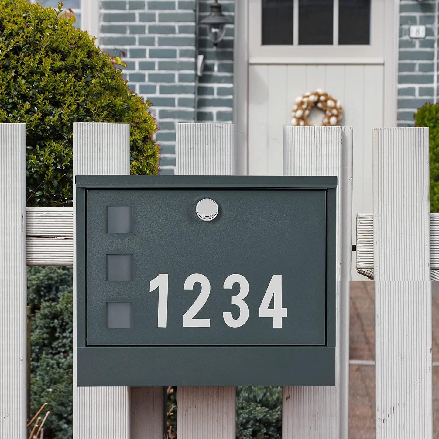 LAND·VOI Locking Mailbox Wall Mounted, Metal Postbox with Three Sets of Mail Box Number Stickers, 4 Keys, 14.4" x 4.5" x 11.2", Large Capacity, Anthracite Gray AMB11G