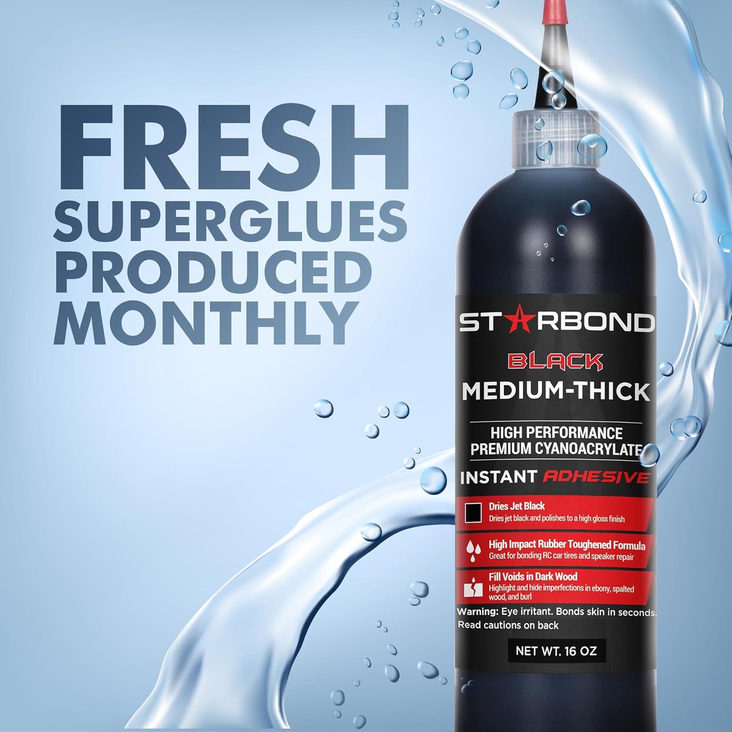 Premium Grade Cyanoacrylate (CA) Super Glue by STARBOND - 16 OZ Complete Refill KIT (453-gram) - Black Medium-Thick Knot Filler 500 CPS Viscosity Adhesive for Woodworking, Woodturning, Carpentry