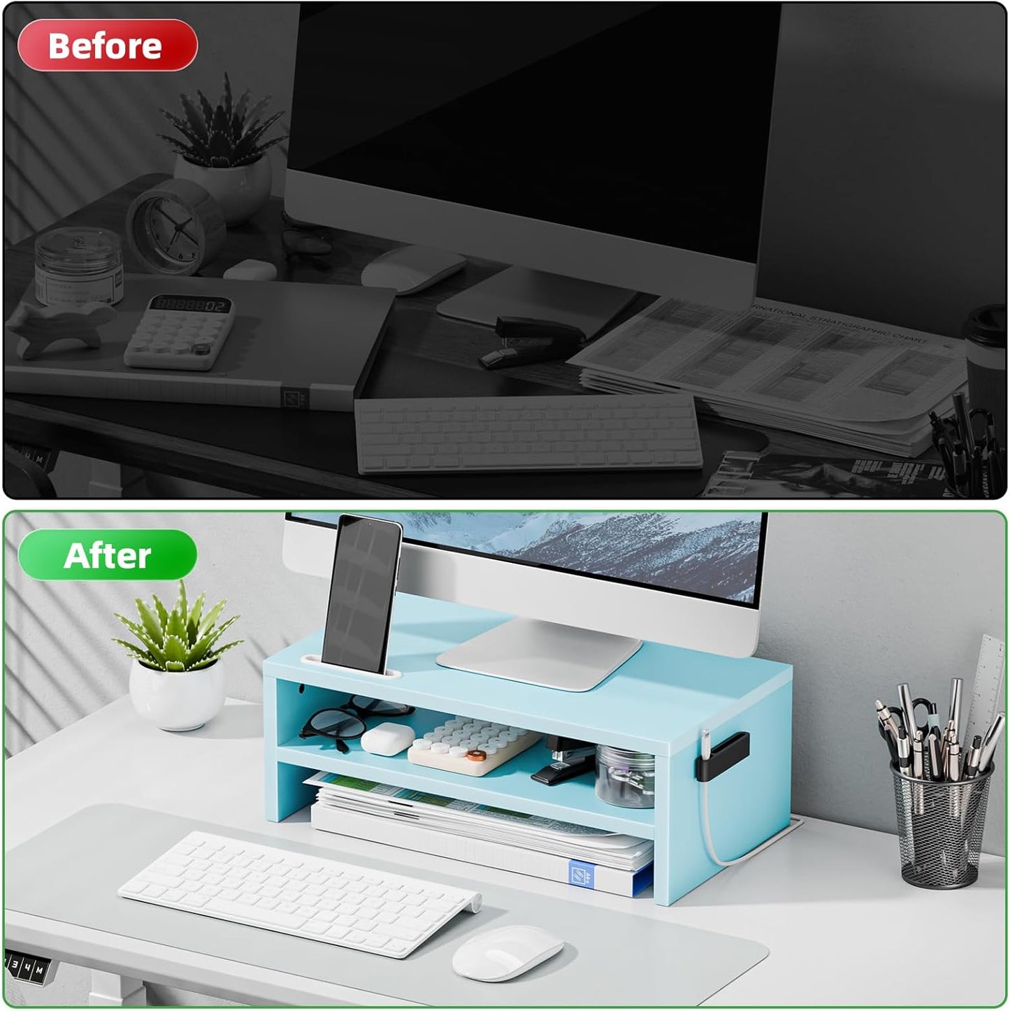 Marbrasse Monitor Stand Riser, 16.5 Inch 2 Tier Computer Printer Shelf Stand for Laptop Computer Screen Storage, Desktop Stand with Phone Holder and Cable Management (Blue)