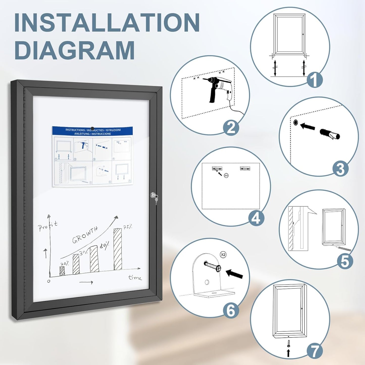 Outdoor Bulletin Board 36x24 in, Weatherproof Enclosed Bulletin Board with Locking Door, Magnetic Whiteboard, Black Aluminum