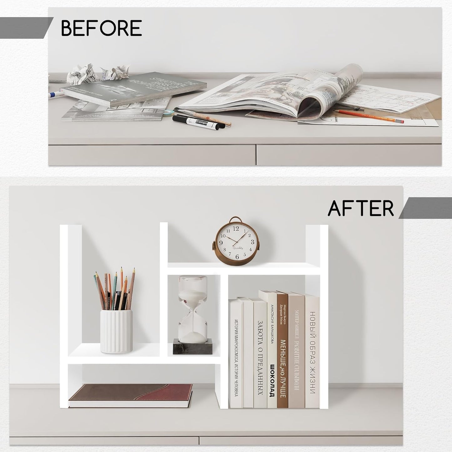 Jerry & Maggie Desktop Organizer Office Storage Rack Adjustable Wood Display Shelf Free Style Double H, Multi-Functional Mini Bookshelf for Desk Natural Stand (White)