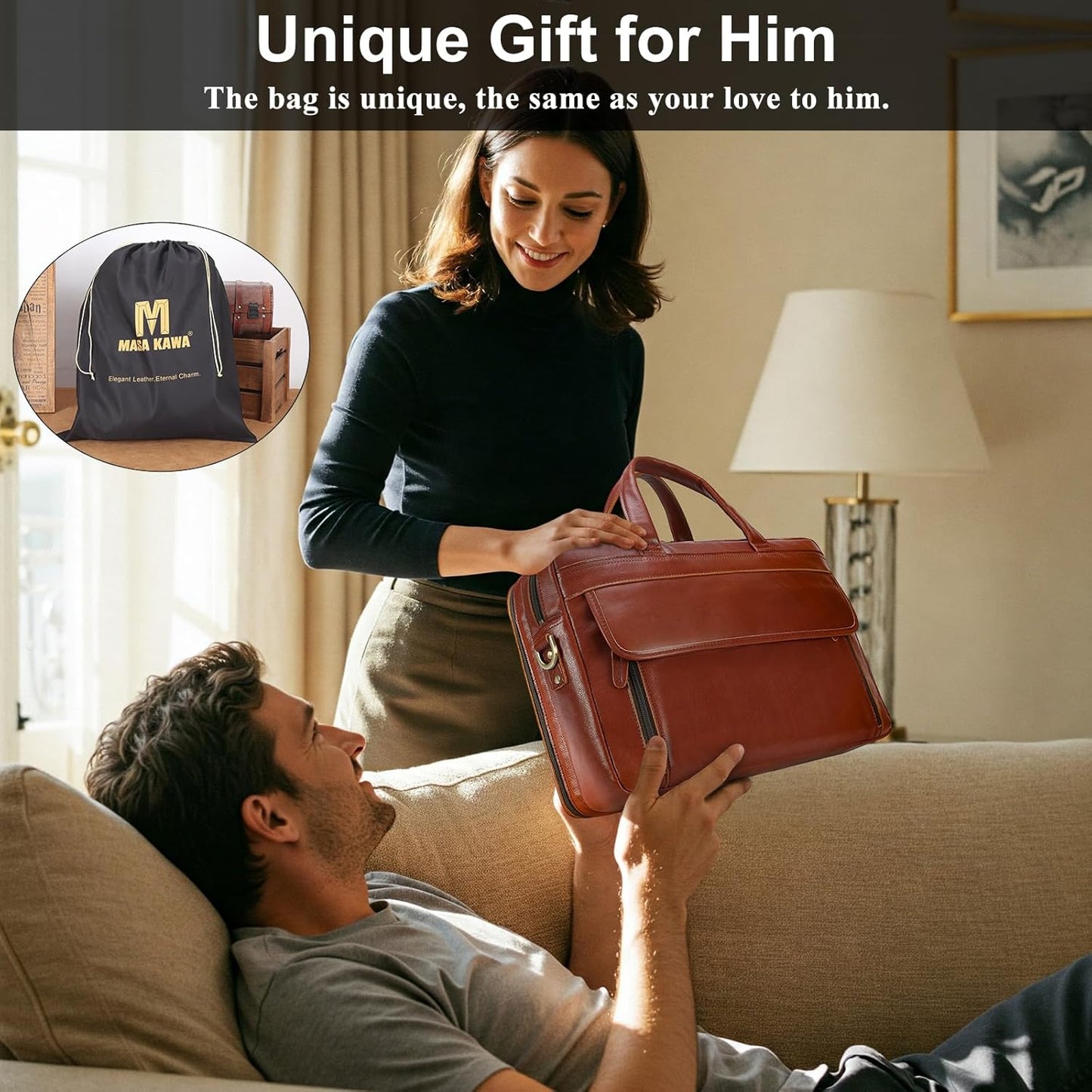 Masa Kawa Leather Briefcase for Men 15.6" - 17" Laptop Computer Case Business Travel Work Messenger Cross Body Shoulder Bag