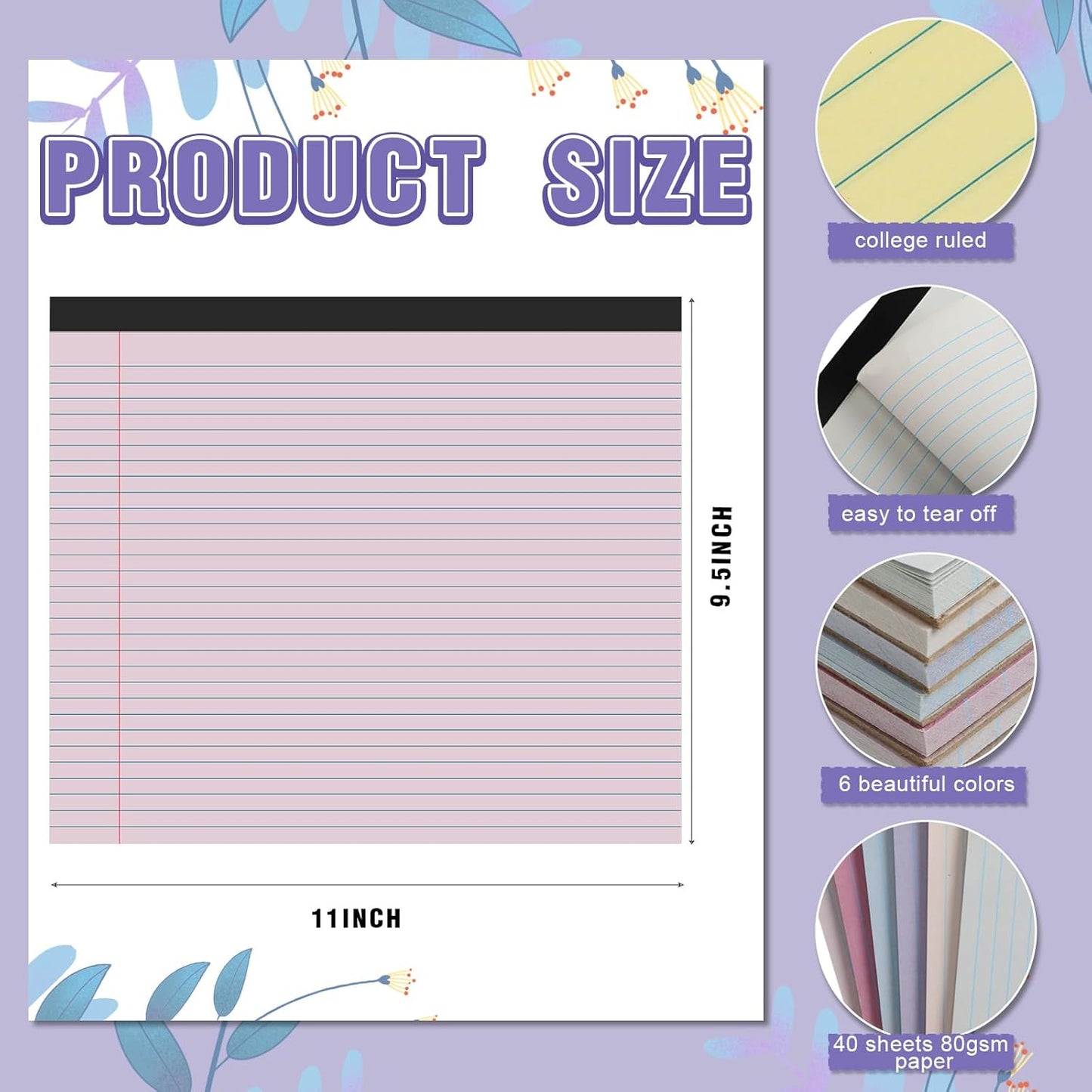 Lincia 6 Pcs 11" x 9.5" Legal Pads College Ruled Notepad Landscape Notebook Horizontal Lined Notebook 80 Gsm Assorted Colors Paper Pastel Writing Pads for School Office, 40 Sheet (Classic Color)