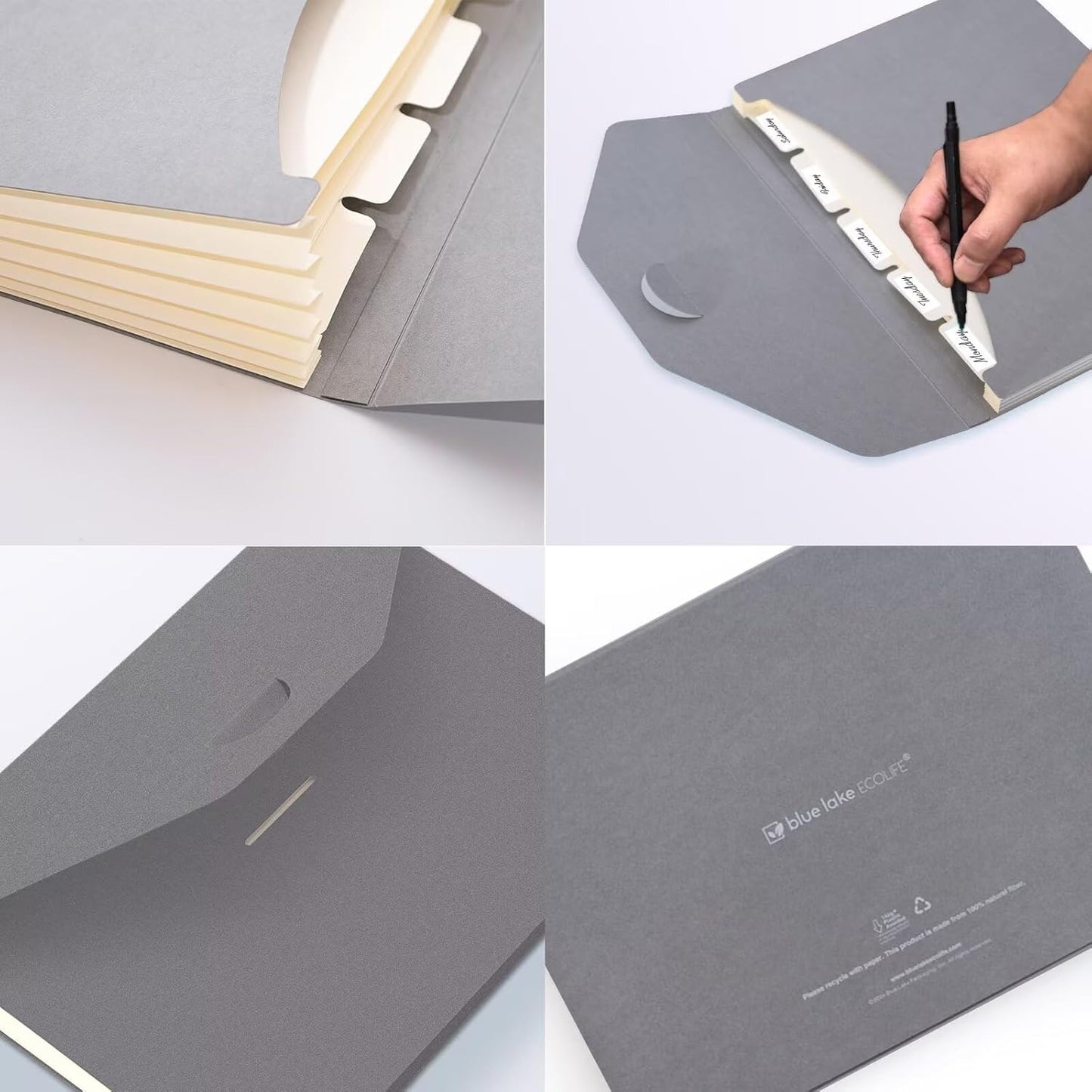 Blue Lake ECOLIFE Plastic-Free Accordion File Folders 6 Pocket Expanding File Folder Organizer Grey