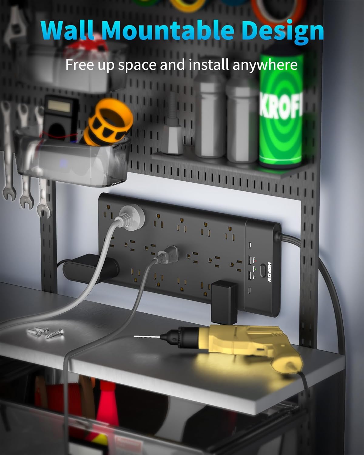 Surge Protector Power Strip with 19 Outlets and 4 USB Ports, HOPOW 15 Ft Flat Plug Heavy Duty Extension Cord, 1875W, 2100J Surge Protection, Wall Mount for Home, Office, Gaming Room, Dorm, Black