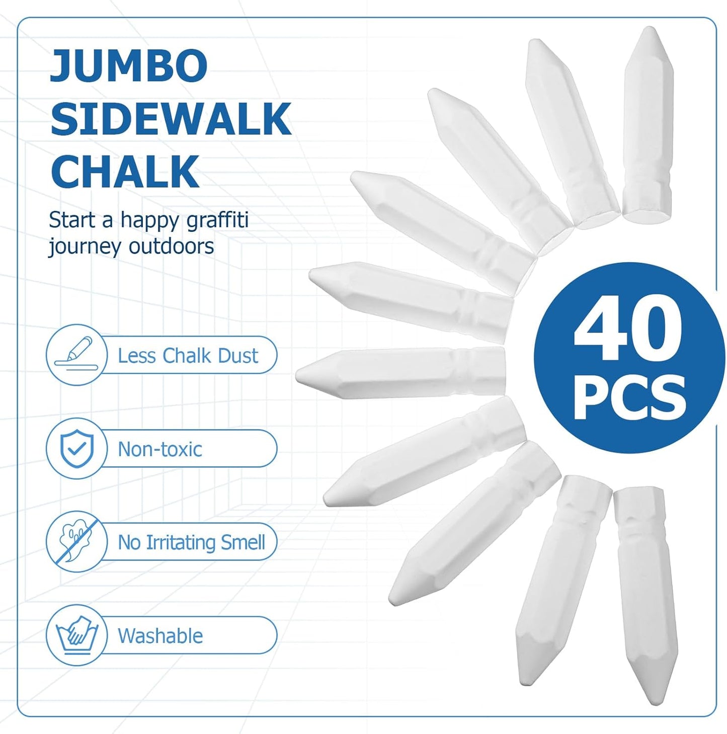 Fulmoon 40 Pcs Jumbo Sidewalk Chalk for Kids Outdoor Art Non Toxic Large Washable Street Chalk for Adults Drawing Painting Classroom (White,Hexagon)