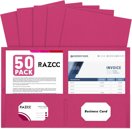 Two Pocket Folders, RAZCC 50 Pack 2 Pocket Folders Fit Letter Size Paper, Paper Folders with Pockets for School Office Business Home, Magenta