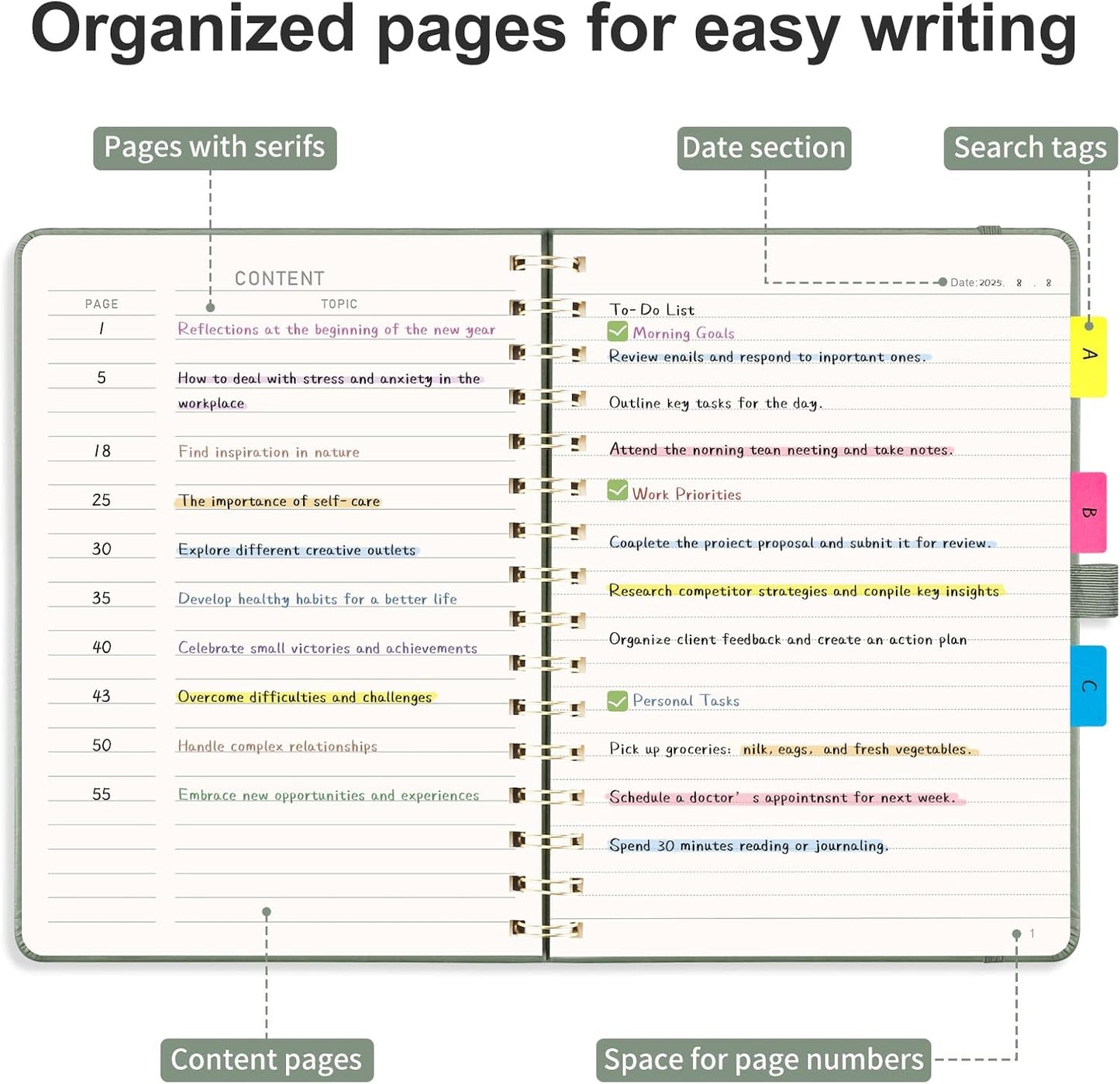 AHGXG Lined Spiral Journal Small Notebook for Women, Notebook College Ruled A5 5.7" X 8.3", 140 Numbered Pages, Hardcover Leather, Meeting Notebook for Work, School Office Supplies, Sage Green