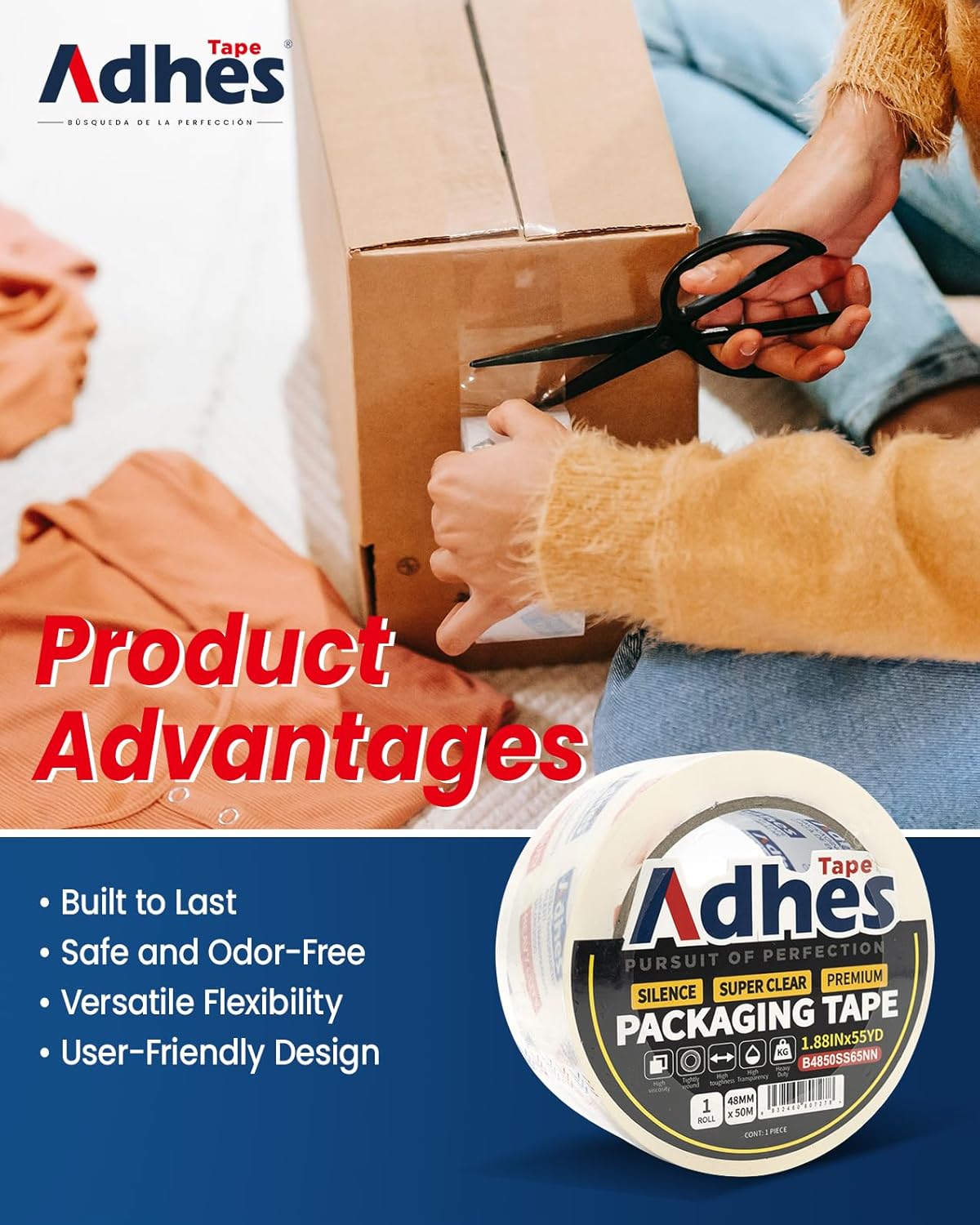 ADHES No Noise Clear Packing Tape, 1.88 Inch x 55 Yards x 6 Rolls, 2.6mil Heavy Duty Shipping Tape Strong & Durable Package Tape for Shipping, Moving, Mailing and Sealing