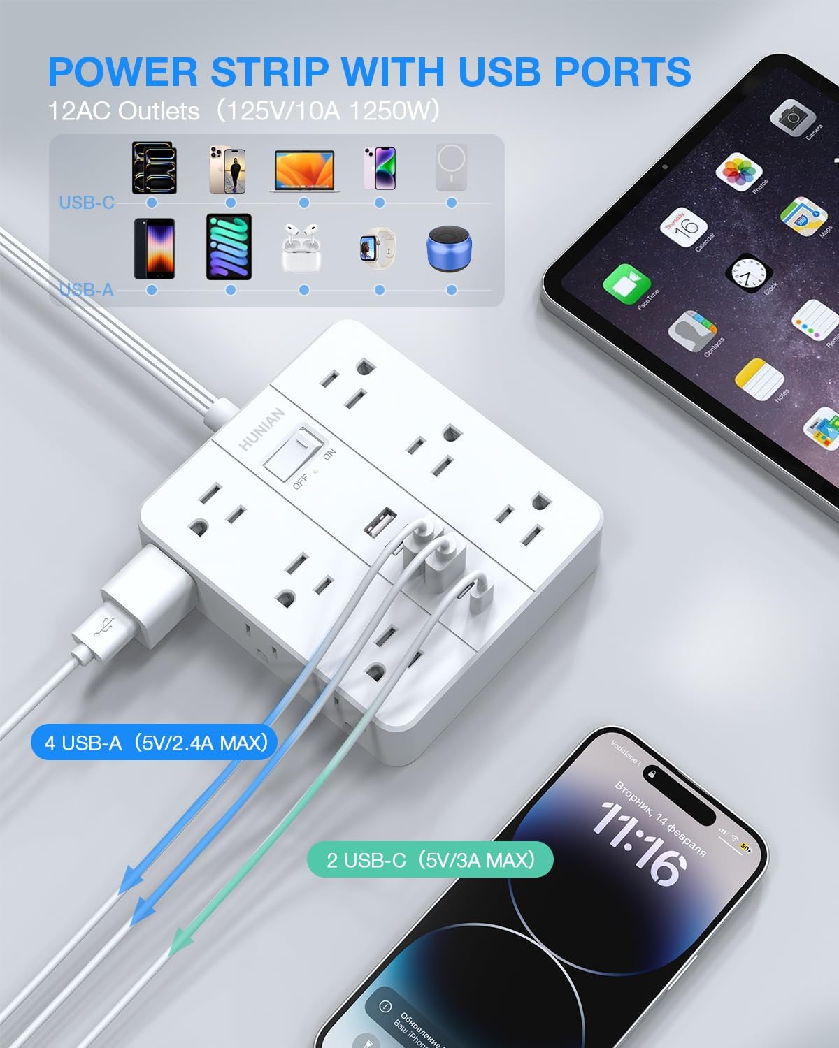 Surge Protector Power Strip 15 Ft Cord, HUNIAN Flat Plug Extension Cord with 12 Widely Spaced Outlets 6 USB Charger (2 USB C Ports), Desk Charging Station for Home Office Supplies, Dorm Room, White