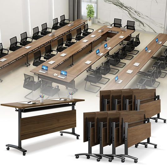 Folding Conference Room Table, Modern Conference Tables with Wheels, Large Rectangular Mobile Training Tables for Office Classroom, Foldable Modular Boardroom Seminar Table Walnut (8pack L63in)