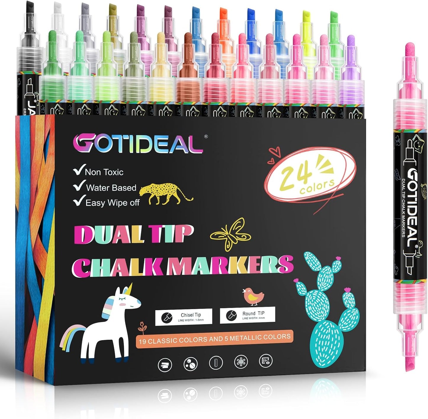 GOTIDEAL Chalk Markers Dual Tips,Erasable Liquid Chalk Marker for Blackboard,Washable Chalk Pens for Auto,Car,Glass,Mirror,Chalkboard,Window markers,24 Colors Chalk Board Markers with Metallic Colors