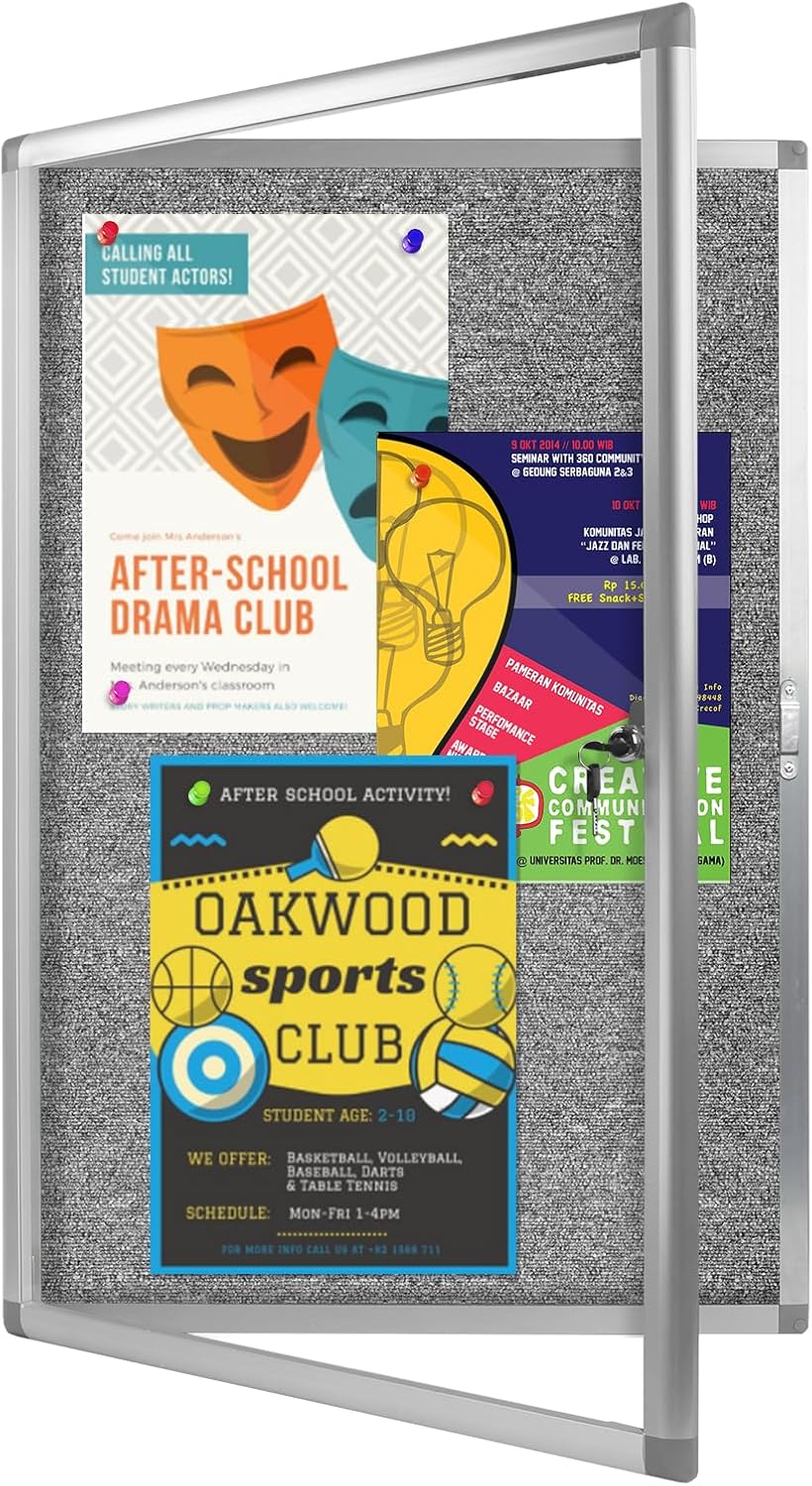 Enclosed Bulletin Board,Outdoor Weatherproof, Display Case Message Board with Acrylic Locking Door, Felt Grey,Aluminum Frame,36x24 Inch (5xA4)