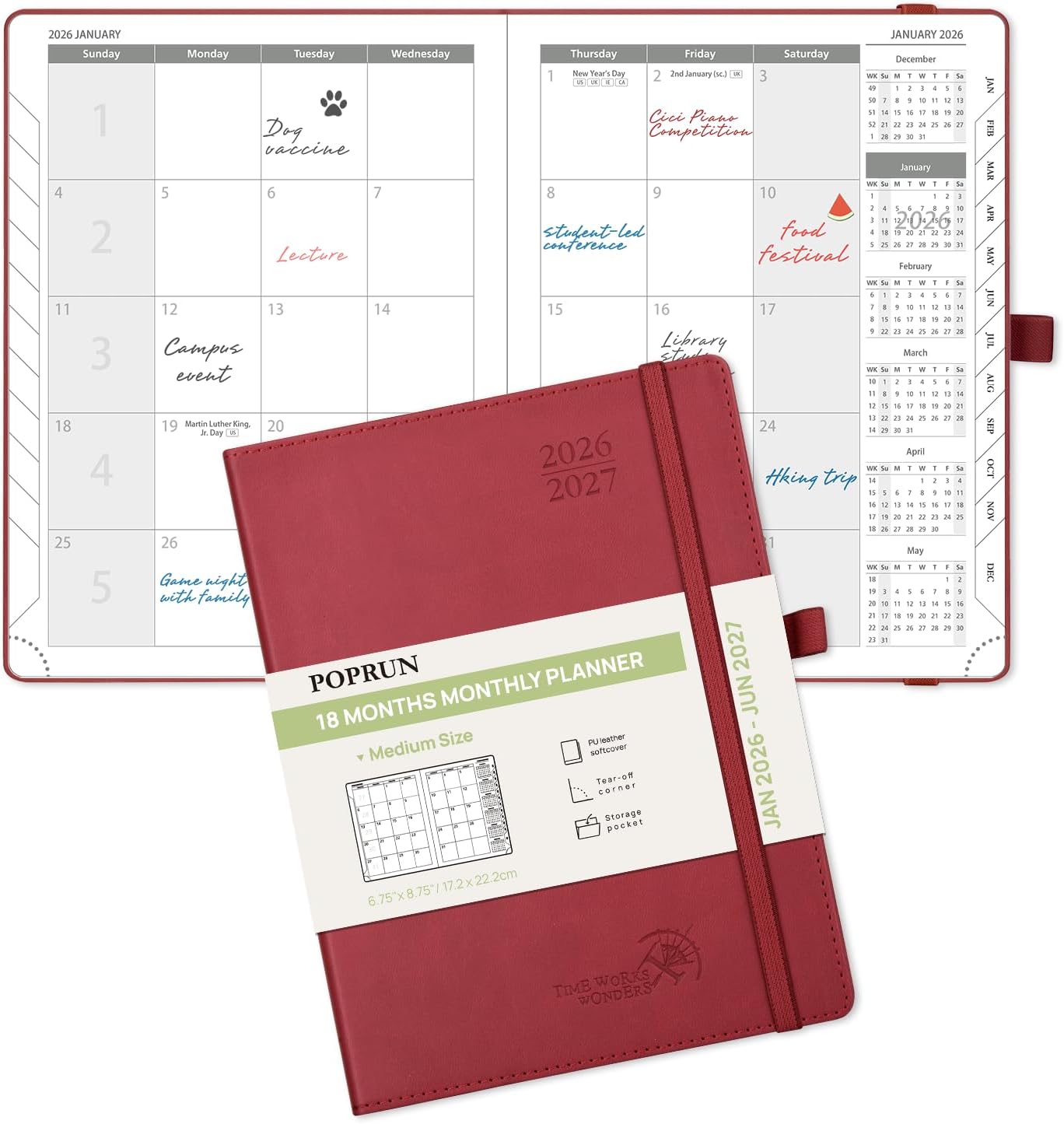 POPRUN Monthly Planner 2026-2027 (Medium- 6.5'' x 8.5'' Soft Cover), 18-Month Calendar Book (Jan.2026 - Jun. 2027), Calendar Planner with Monthly Tabs & Pocket, 100 GSM Paper - Burgundy