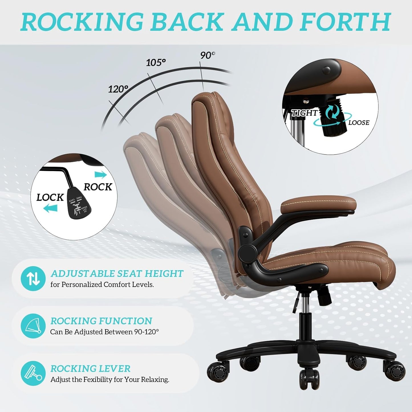 GYI O205P High Back Executive Office Chair, Big and Tall Office Chair 400LBS with Rubber Wheels,Ergonomic Adjustable Computer Desk Chairs with Padded Flip-up Armrests,Lumbar Support (Brown)