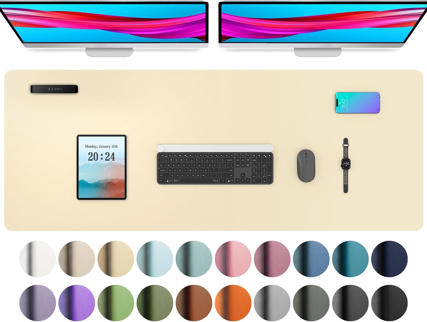 Aothia Leather Desk Pad Protector, Office Desk Mat, Large Mouse Pad, Non-Slip PU Leather Desk Blotter, Laptop Desk Pad, Waterproof Desk Writing Pad for Office and Home (48"x17", Soft Yellow)