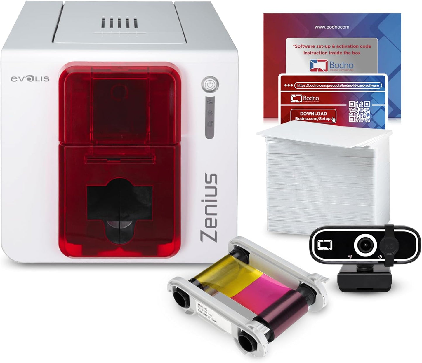 Evolis Zenius Single Sided ID Card Printer & Complete Supplies Package with Bodno Bronze Edition ID Software