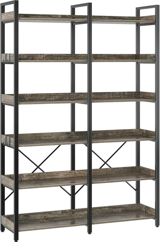 Seventable Bookshelf 6 Tier with 4 Hooks，67”Industrial Wooden Bookcase, Vintage Storage Rack with Open Shelves, Rustic Standing Bookshelves Metal Frame 43.3” Wide Display Rack, Gray