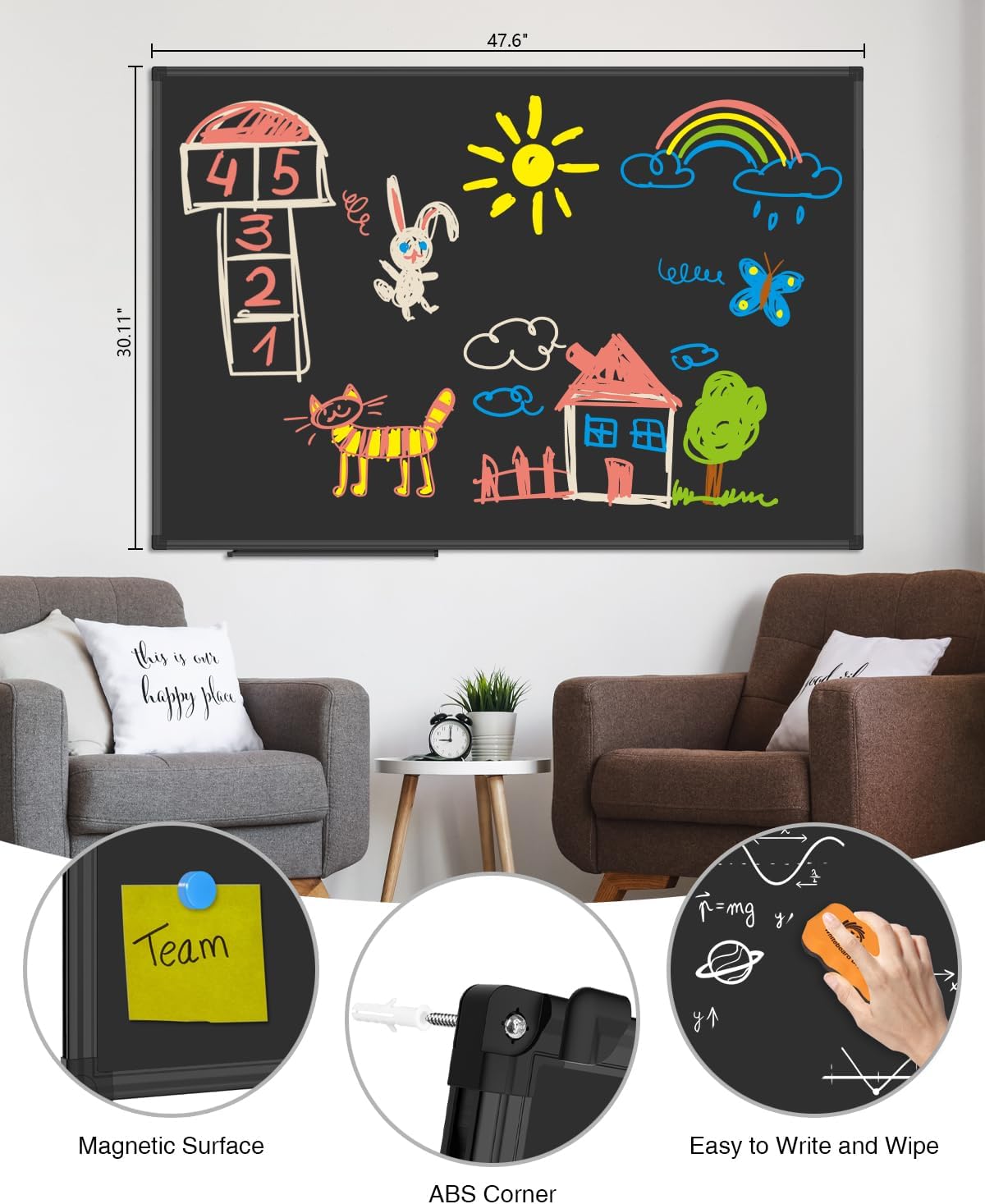 XBoard Magnetic Chalkboard 48 x 31 inch Chalk Board/Black Board, Black Aluminium Frame, Display Collections