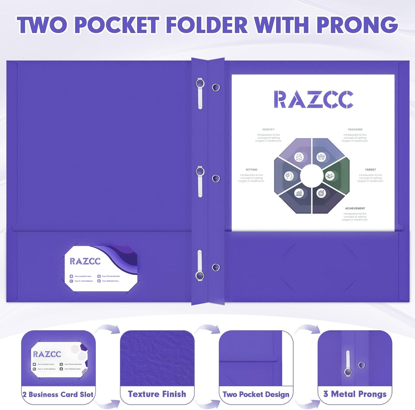 Two Pocket Folders, RAZCC 75 Pack Two Pocket Folders with Prongs, 3 Prong Folders Fit Letter Size Paper, Pocket File Folders for School Office Home Business, Purple