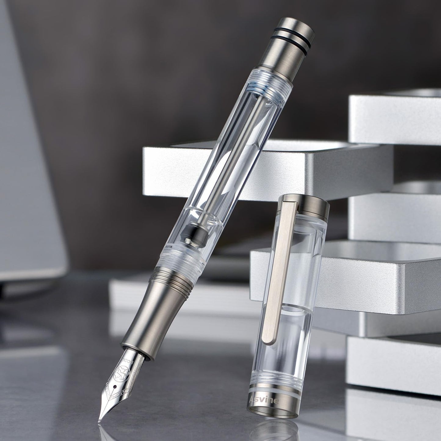 Asvine V200 Titanium Fountain Pen Vacuum Filling, Bock Medium Nib Clear Transparent Acrylic Smooth Writing Pen Case Set