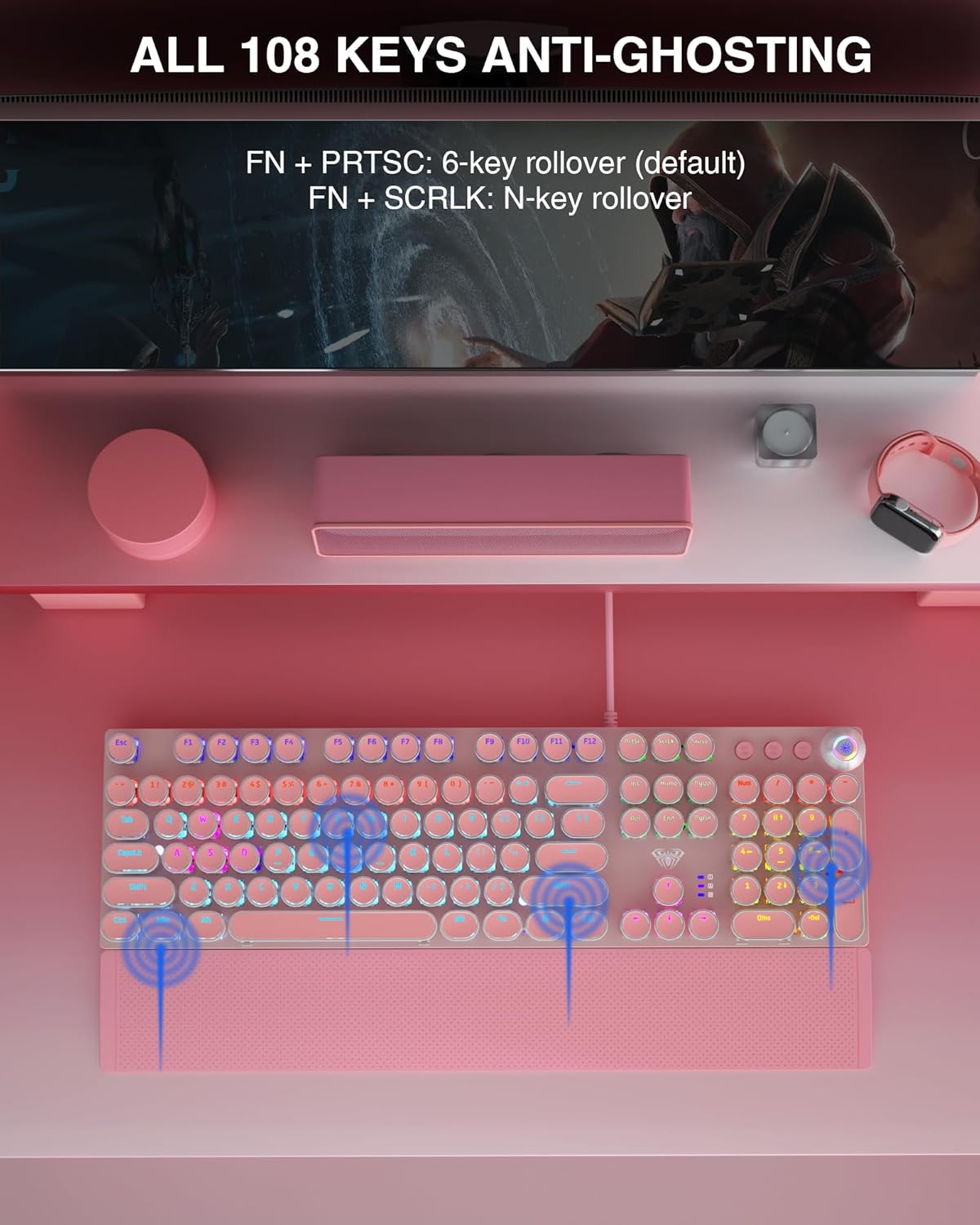 AULA F2088 Typewriter Style Mechanical Gaming Keyboard,Rainbow LED Backlit,Removable Wrist Rest,Media Control Knob,Retro Punk Round Keycaps,USB Wired Computer Keyboard,Pink