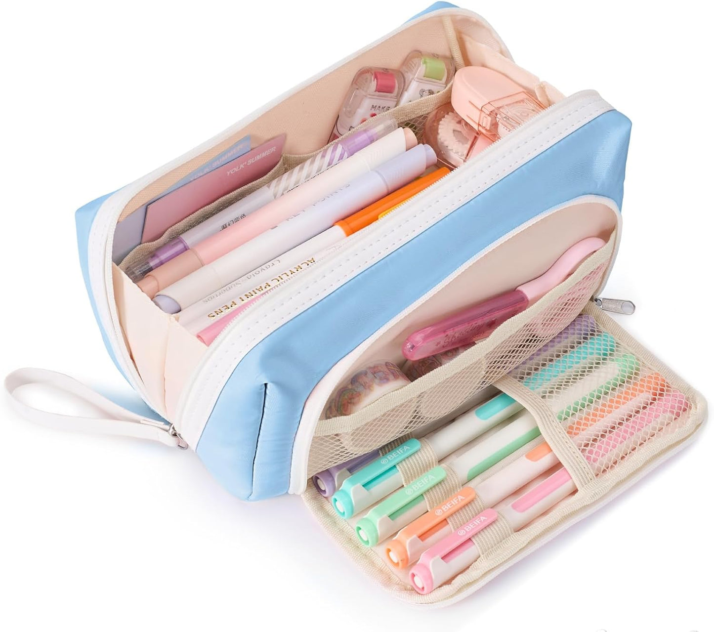 Sooez Big Capacity Pencil Case, Extra Large Pencil Pouch with Zipper Pocket, Wide Opening Pencil Bag, Portable Stationery Organizer, Cute Aesthetic School Office Supplies for Teens Girls, Sky Blue