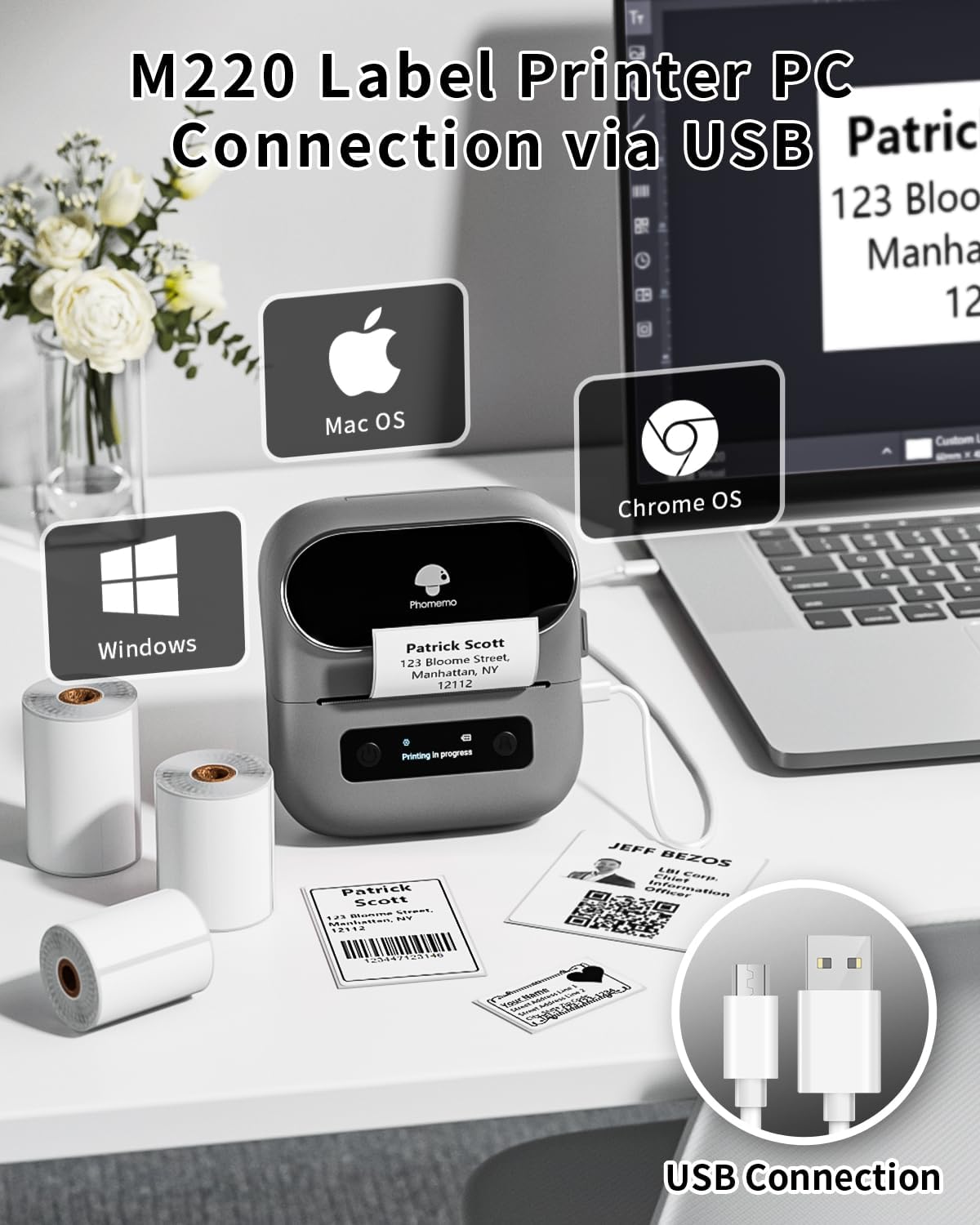 Phomemo M220 Label Maker, Bluetooth Barcode Label Printer, Thermal Sticker Maker Machine for Barcode, Address, Tag Labeling, Compatible with Phone & Laptop