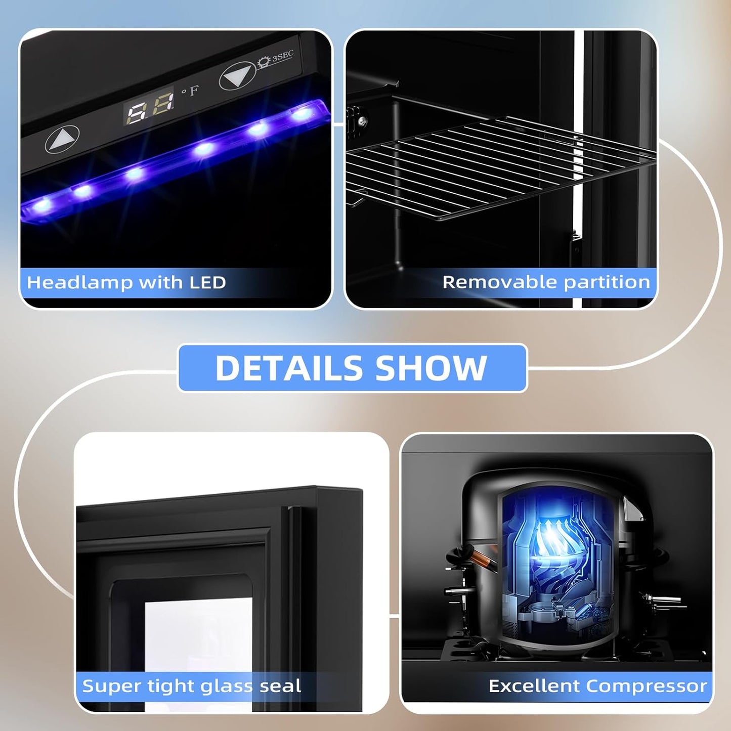 Antarctic Star 0.6Cu. Ft. Freestanding Counter-top Wine Cellar Mini Fridge, 4-Bottle Red Wine Beverage Refrigerator, Quiet, Portable, LED Light and Display, 40-61 ℉, Black