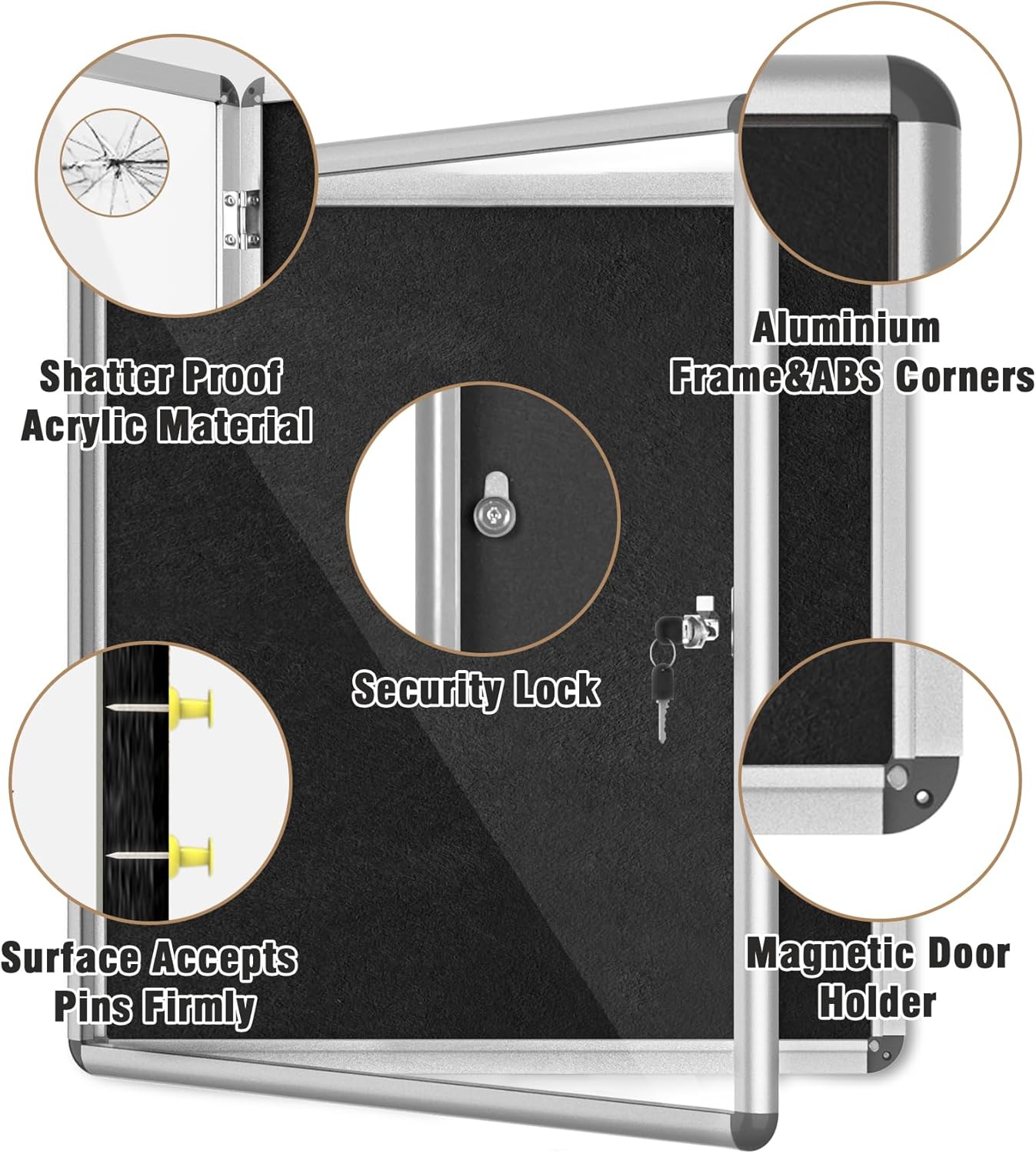 28"x26" Enclosed Bulletin Board, Lockable Weather-Resistant Aluminum Cork Noticeboard for School & Office, Silver Frame w/Black Flet