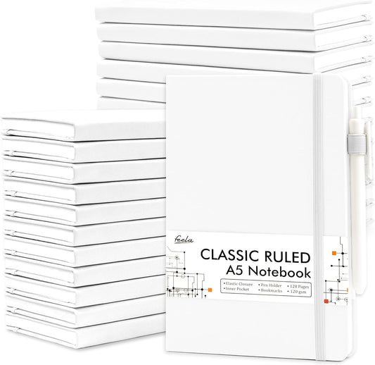 feela College Ruled Notebooks, 24 Pack Business Notebook Hardcover Lined Writing Journal with Pen Holder for Men Women Note Taking, with 24 Black Pens, 120 GSM, 5.1”x8.3”, A5, White