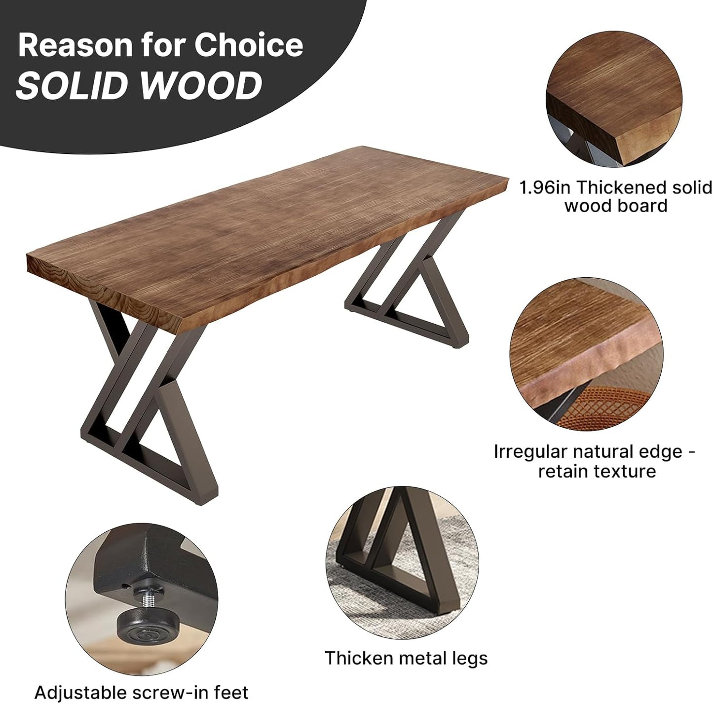 Solid Wood Desk 55 inches, Home Office Computer Desk Wooden Rustic Writing Desk Metal Modern Simple Design Executive Real Wood Desk(Rustic Brown)