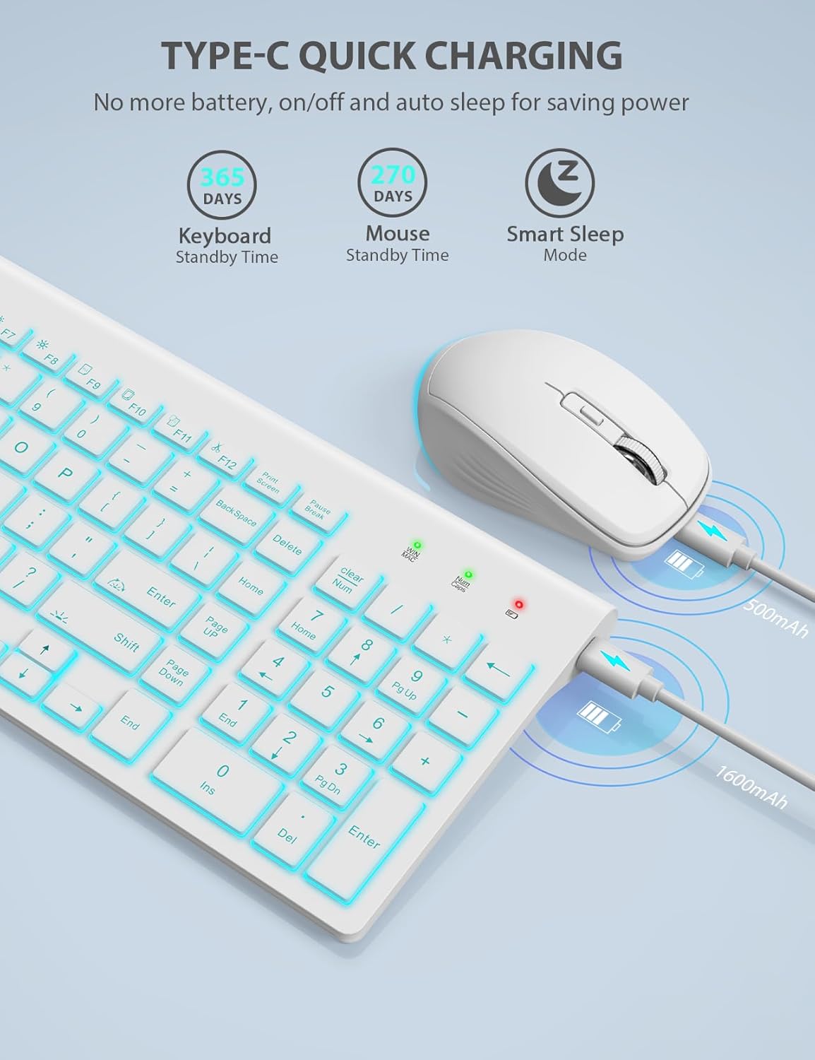 SABLUTE Wireless Keyboard and Mouse Combo Backlit - Compact Quiet Keyboard with RGB Mouse, Rechargeable, Slim, Sleep Mode, Portable Cordless Keyboard Mouse Set for Mac, Windows, Laptop (Polar White)