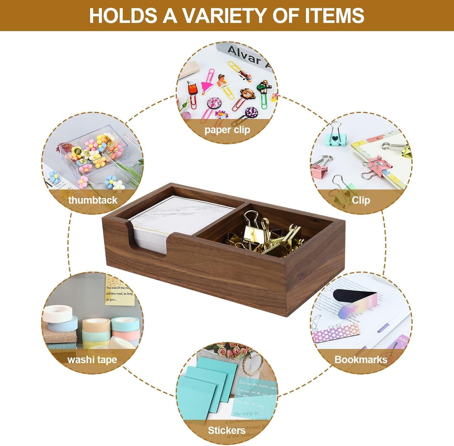 MultiBey Walnut Sticky Note Holder for Desk - 2-in-1 Organizer with Paper Clip Tray & 3x3 Post It Dispenser, Wood Self Stick Memo Pad Holder Dispenser Supplies Organizer for Office Home Schools