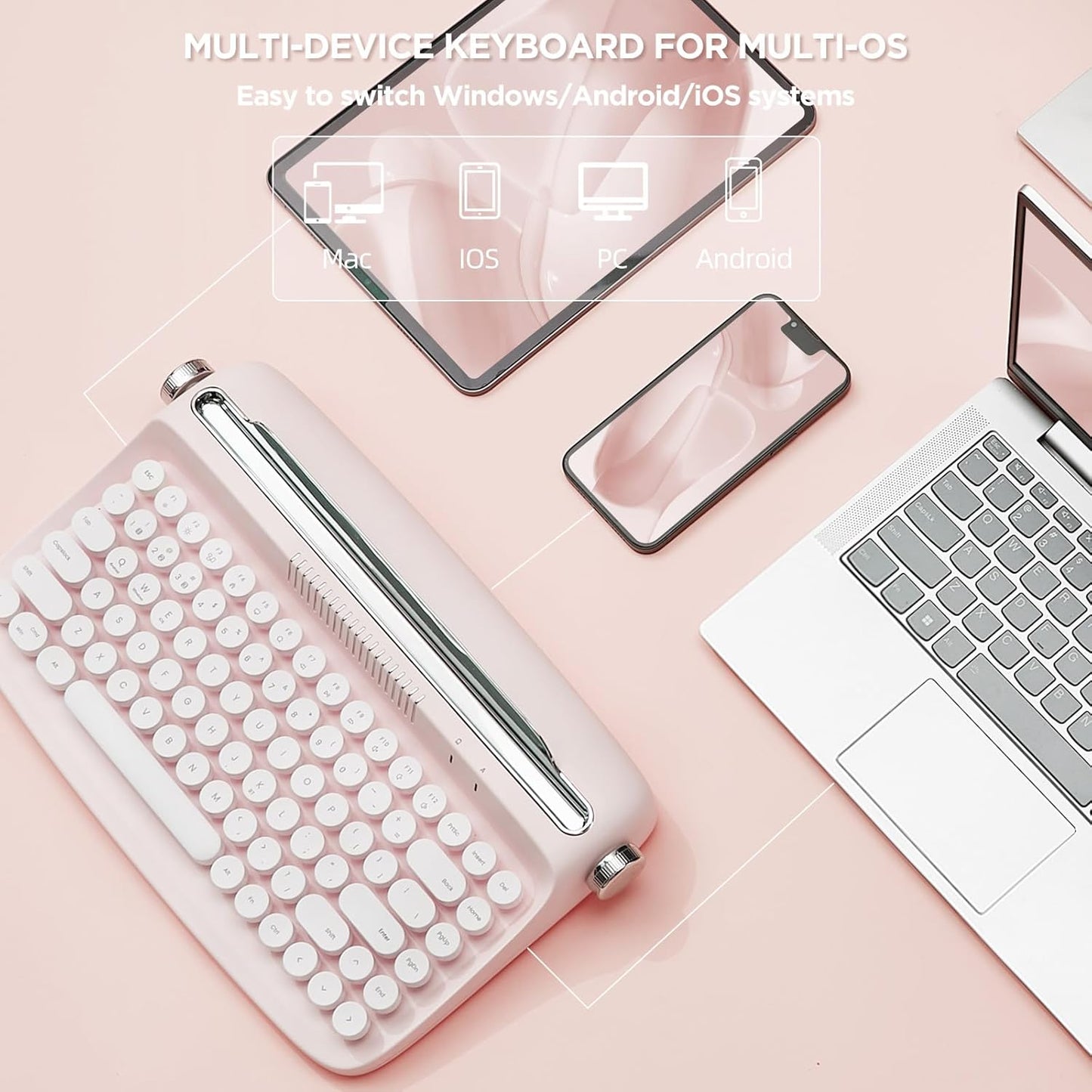 YUNZII ACTTO B303 Wireless Typewriter Keyboard, Bluetooth Connection, Cute Retro Aesthetic Design with Integrated Stand for Tablet, Phone, PC and Win/Mac/Android(B303, Baby Pink)