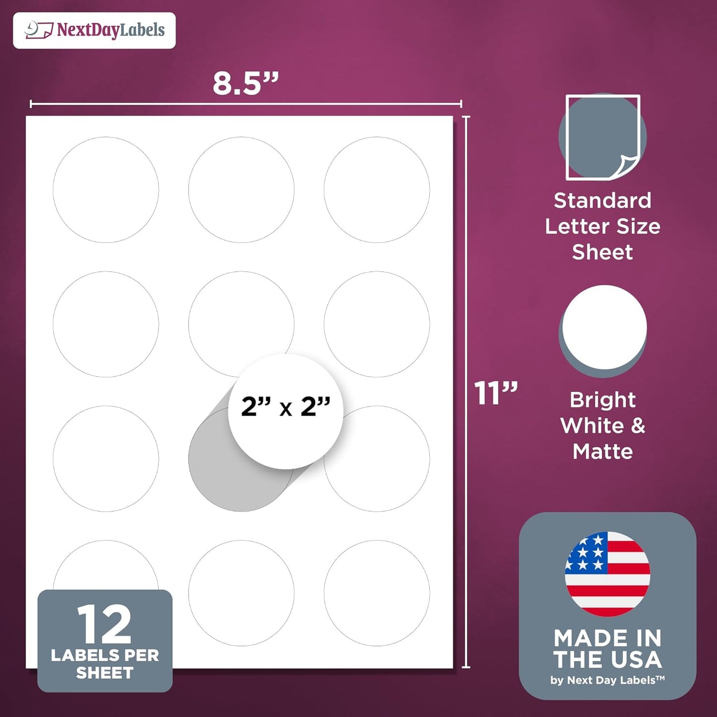 NextDayLabels - 2 Inch Round Labels for Bleeds - Sticker Labels for Printer - Matte White Blank Laser/Inkjet Printer Labels - Circle Stickers Printable Labels (100 Sheets, 12 Per Sheet, 1200 Labels)