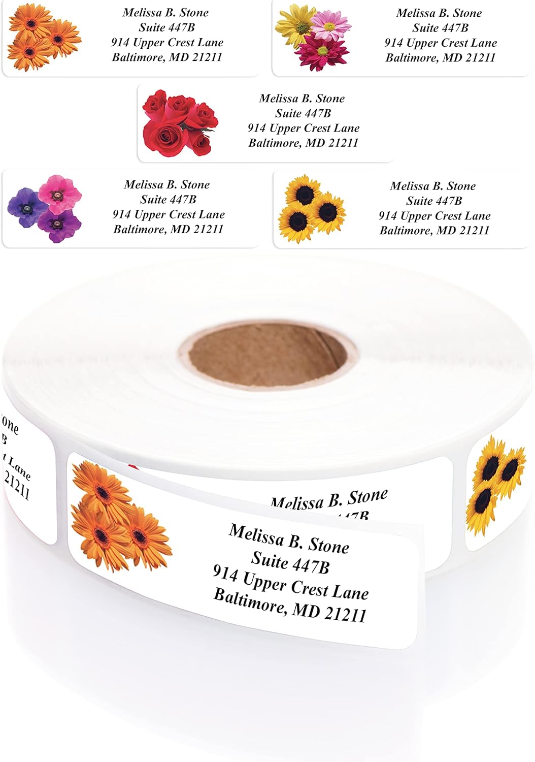 Floral Posy Assorted Rolled Address Labels with Elegant Plastic Dispenser