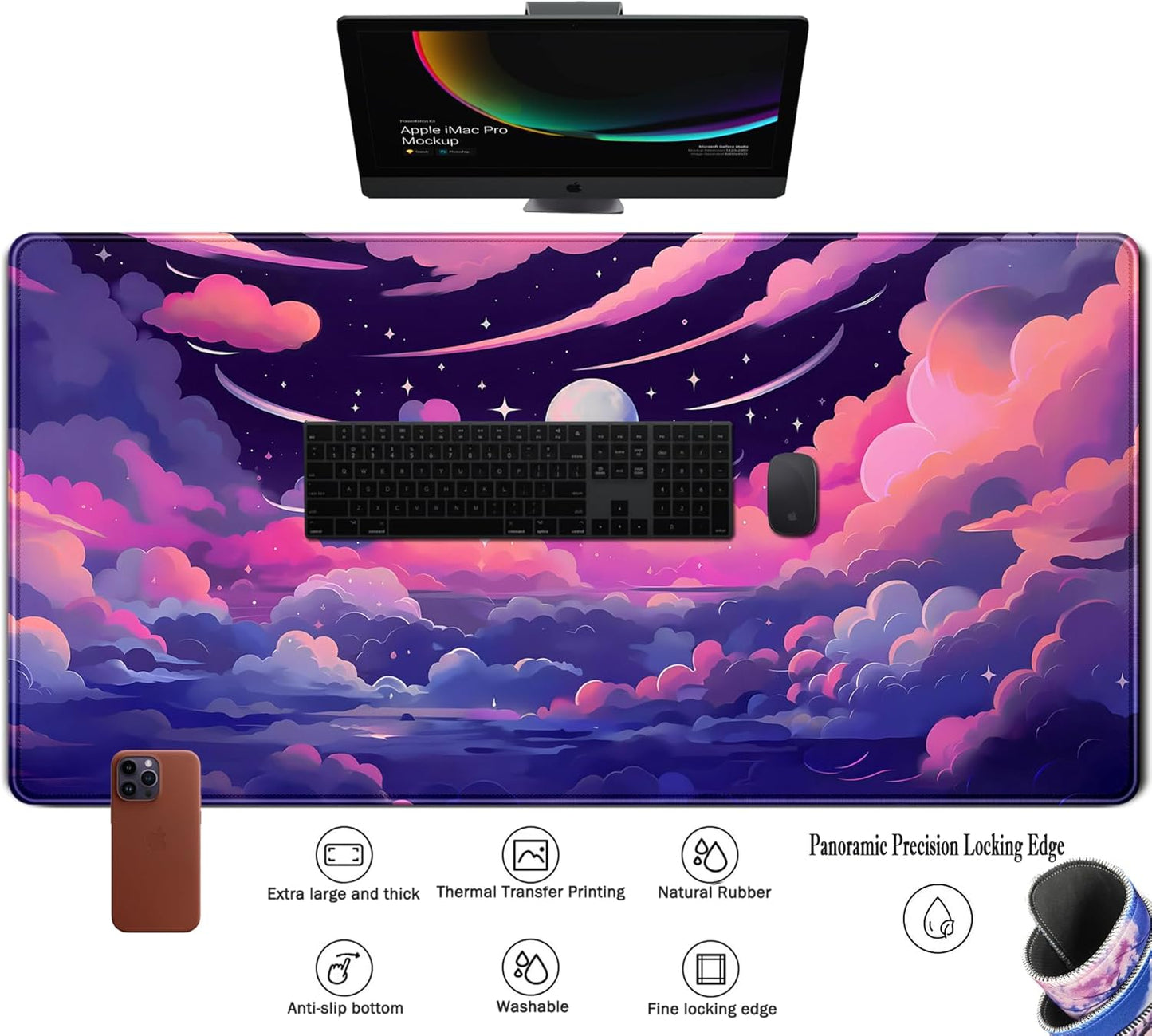 Pastel Pink Purple Clouds Moon Mouse pad Desk Mat, Cute Space Deskmat XXL Large Extended Mousepad Gaming Desk Pad, Big Laptop Computer Keyboard and Mouse Pad Mat for Women Office Decor 31.5x15.7 in