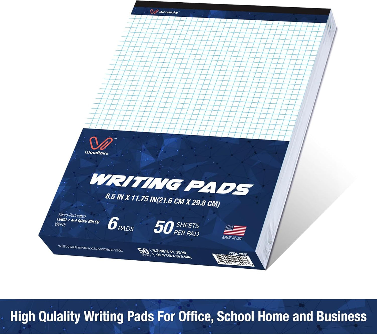 Woodlake Graph Paper Pads 8.5 x 11, 4x4 Quad Ruled, Premium Thick Paper Made In USA, No Ink Bleeding, 50 Sheets Per Pad,6 pack, Micro-Perforated Graph Paper Notebook