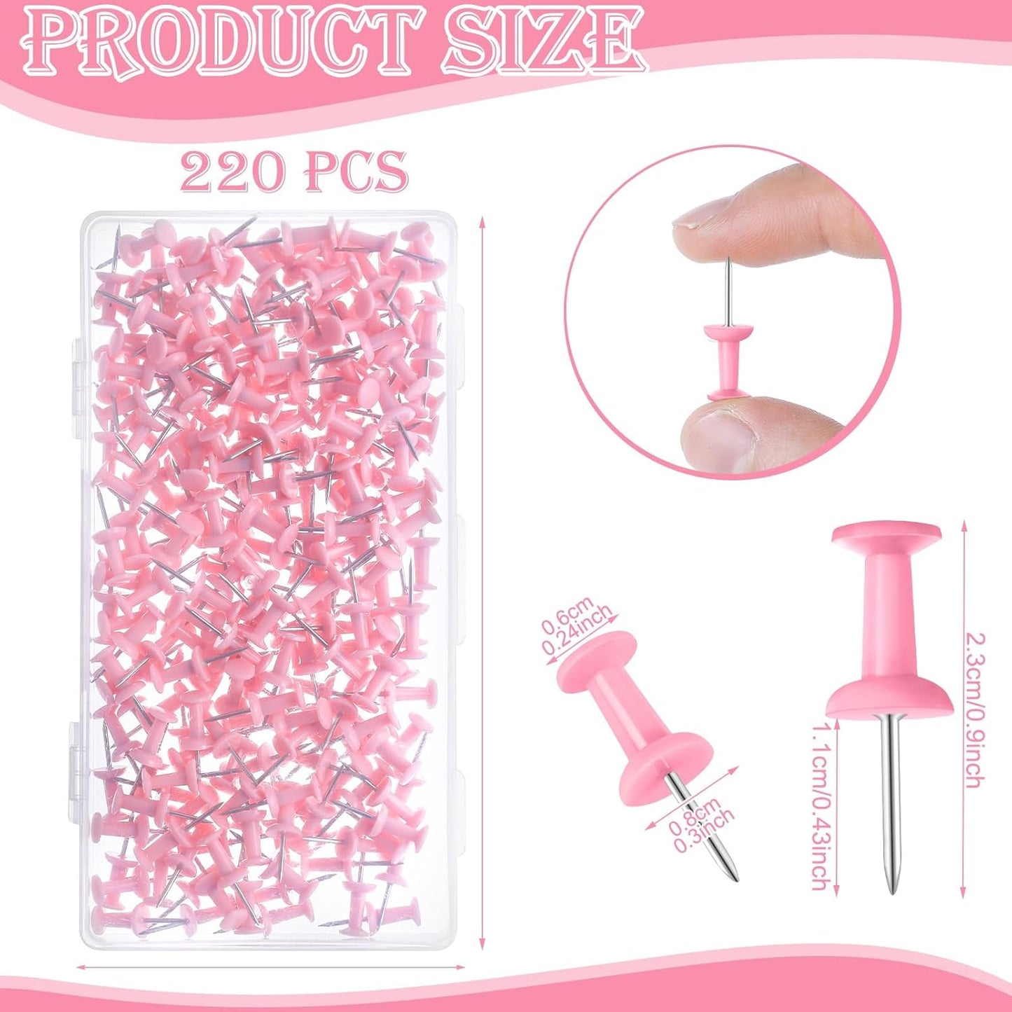 220 Count Pink Push Pins, Standard Plastic Head Steel Point Thumb Tacks Decorative Push Pins for Cork Board Wall Hanging